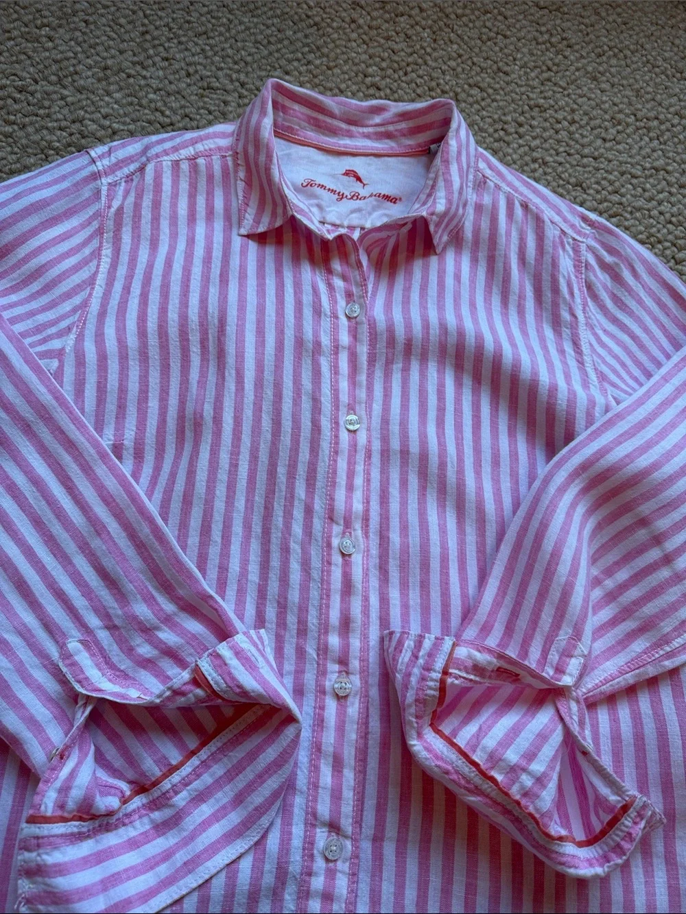 Tommy Bahama Woman’s Large 100% Linen Pink and White Striped Button-Up Shirt - Picture 7 of 11